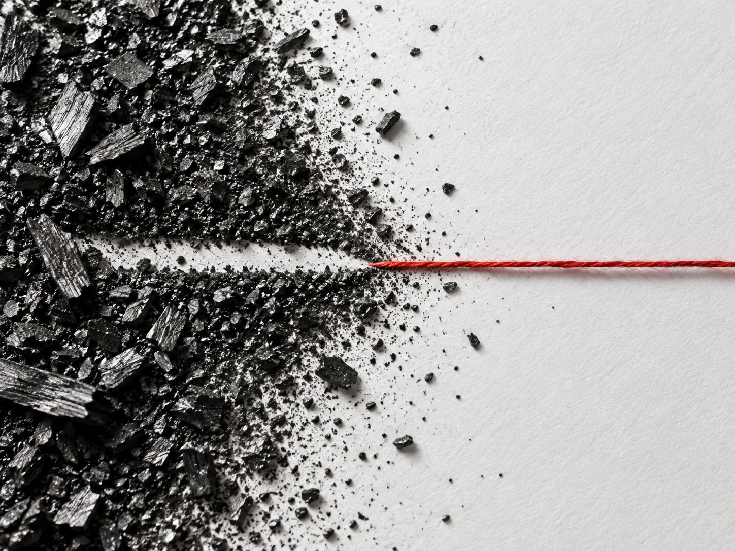 Black graphite fragments on white paper separated by a clean channel that continues as a red thread