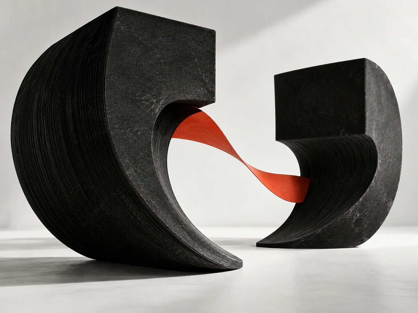 Two curved black paper sculptures joined by a twisting vermilion ribbon